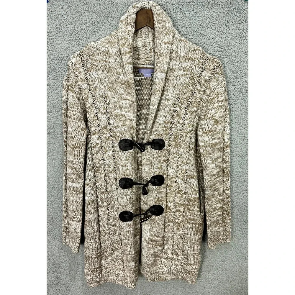 Laura‎ Scott Cardigan Womens Small Brown Fisherman Cable Knit Toggle Academia